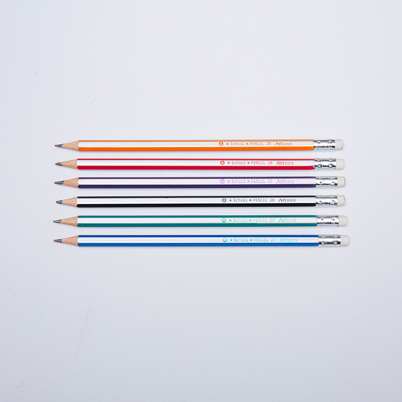 Crayons à rayures en bois hexagonales 2B avec gommes